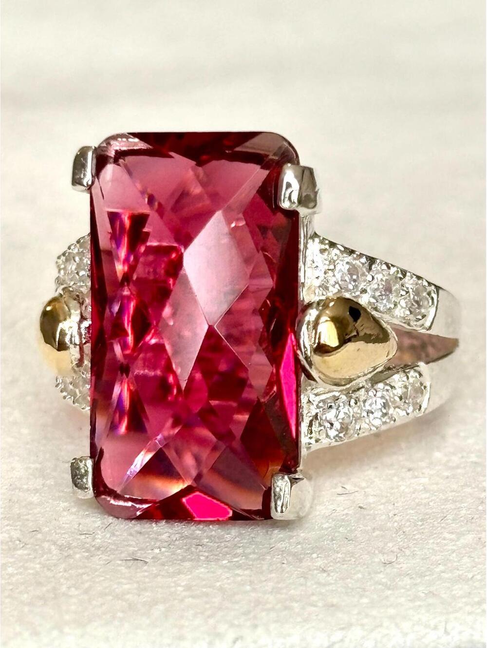 925 Sterling Silver Ring w Red Ruby-Style Stone & 10K Gold